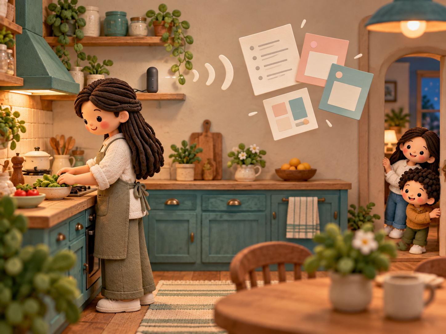 Clay storybook kitchen scene with Mama cooking beside a recorder on a shelf, sound waves leading to fictional transcript pages and card drafts, and two children in the doorway.