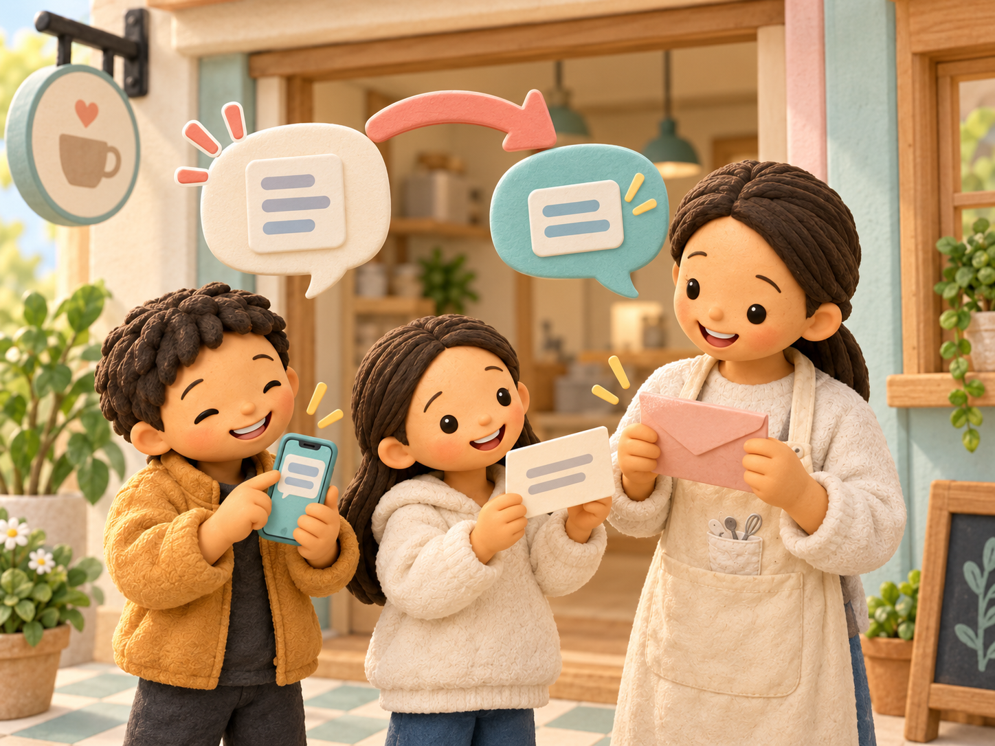 Fictional clay Mama and two children outside an imagined shop, with a phone, message card and separate reply envelope.