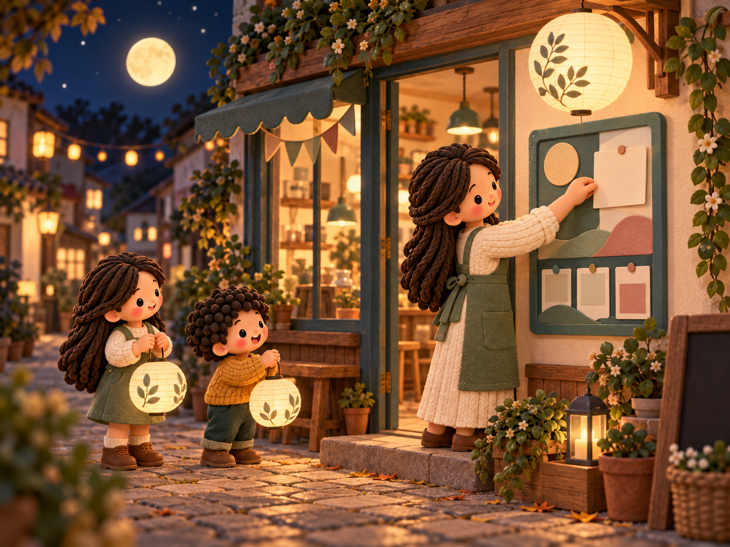 Fictional twilight clay storybook street scene: Mama places a blank seasonal card beside a tiny cafe while two children hold paper lanterns.