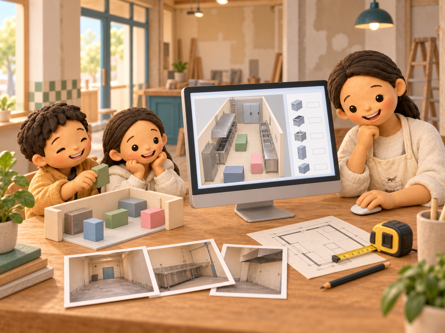 Clay storybook illustration of Mama using a computer showing a 3D kitchen layout, with a measuring tape and room references on the desk while her children arrange toy blocks.