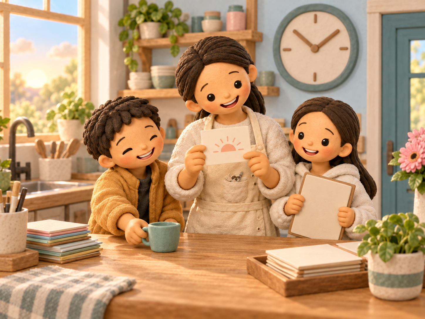 Fictional clay Mama and her two children prepare a sunrise card, empty cup and blank folder in an imagined morning kitchen.
