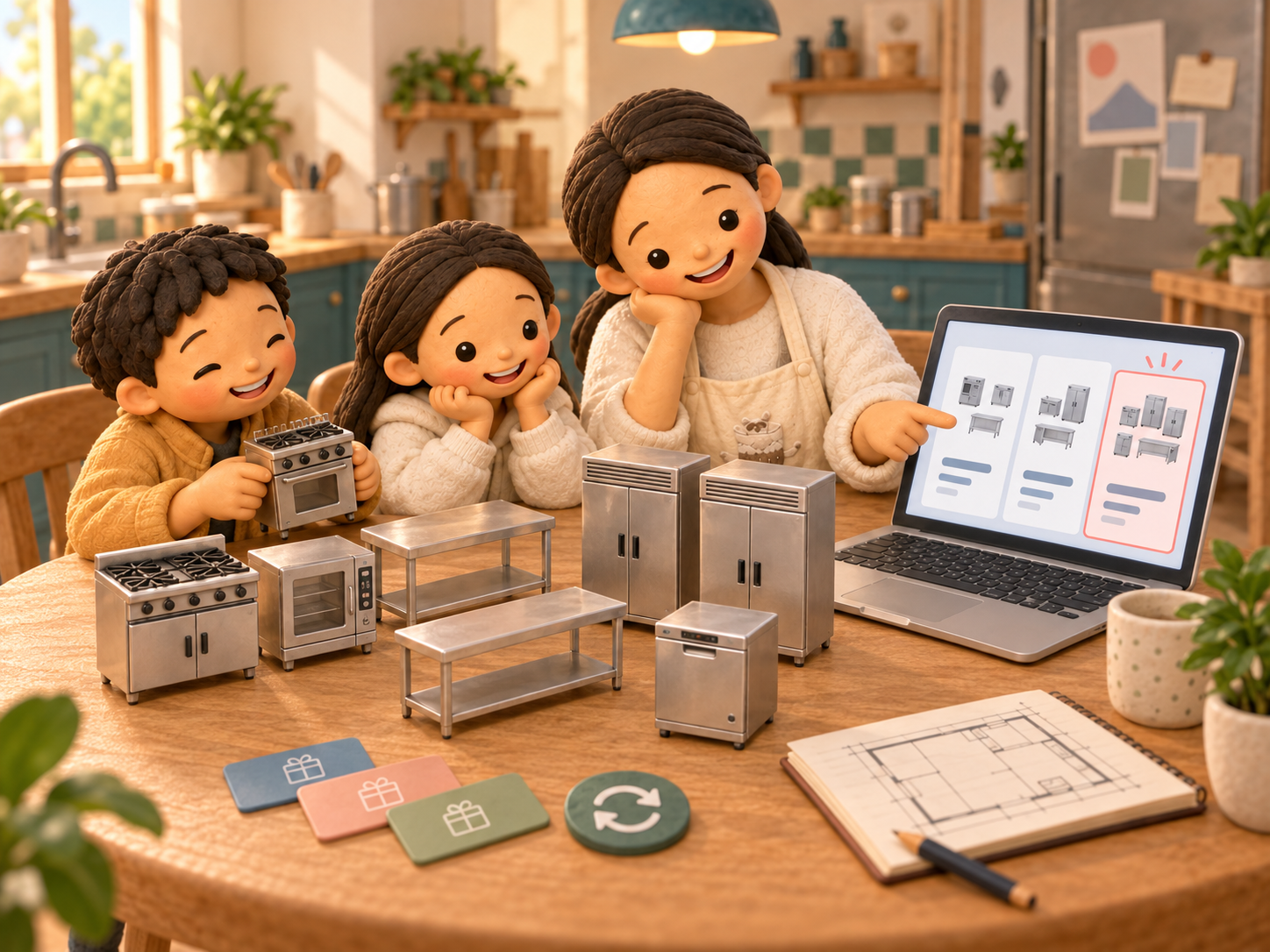 Clay storybook illustration of Mama comparing shopping options on a laptop, with miniature commercial kitchen equipment, gift-card symbols and her two children nearby.