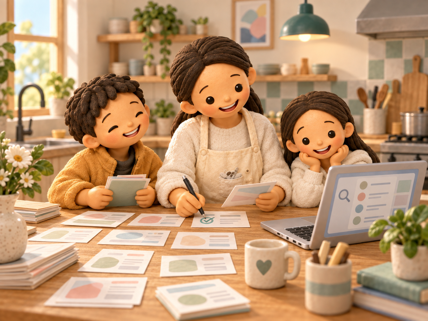 Fictional clay story illustration: Mama in a cream apron checks a dish-description card beside an AI comparison laptop, with the curly-haired boy in a mustard jacket and the long-haired girl in a cream hoodie.