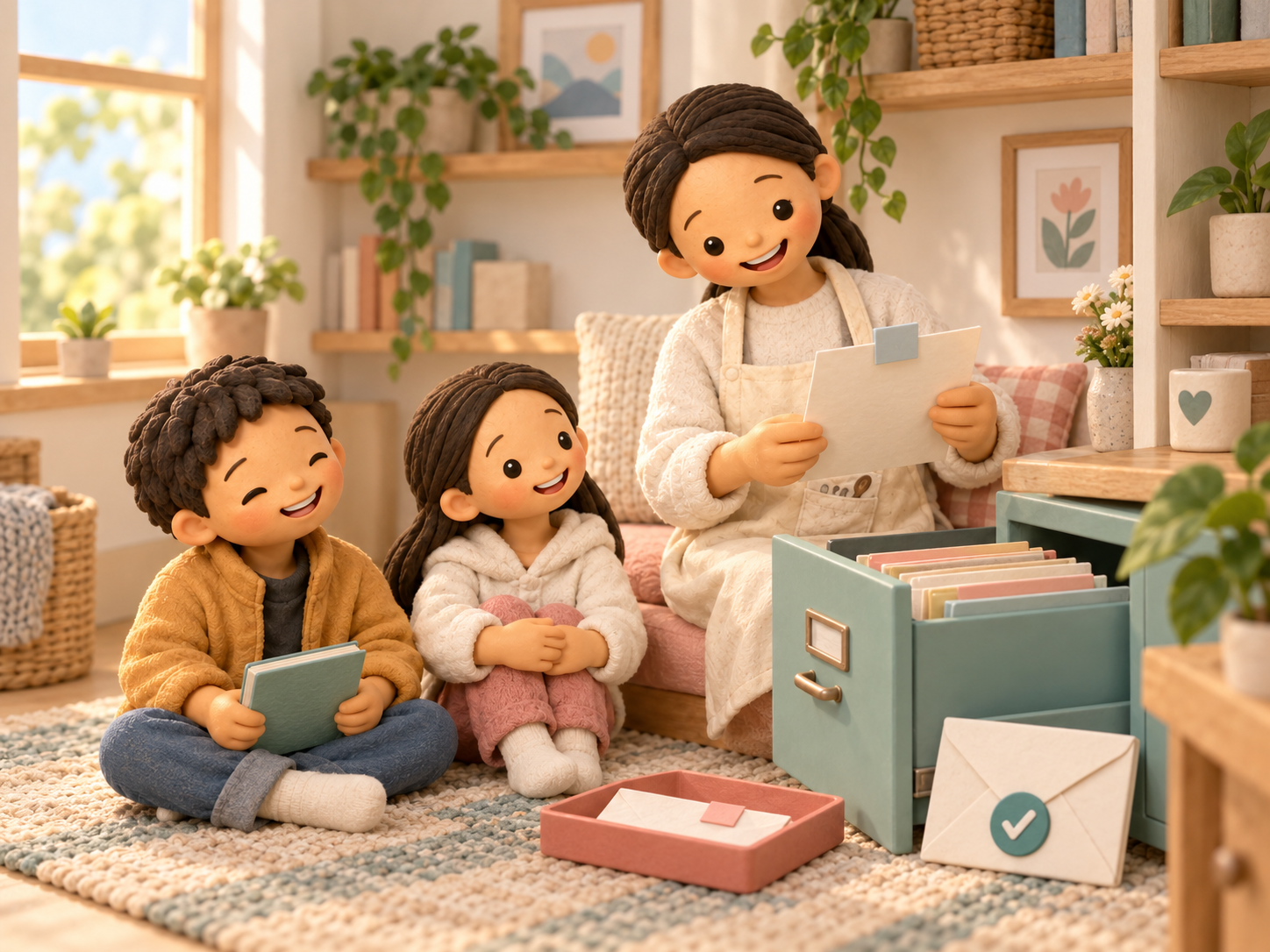 Fictional clay Mama sitting beside a teal filing drawer with a letter, a separate second letter and an envelope, while her two children sit nearby.