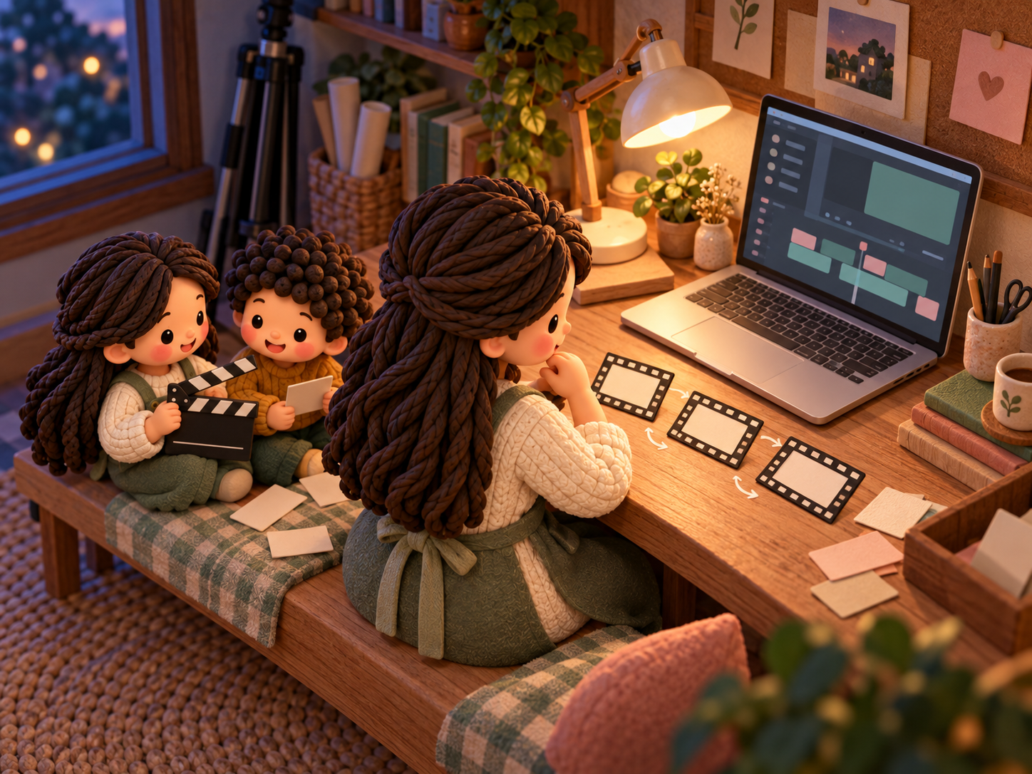 Fictional clay family scene in an evening editing nook: Mama reviews abstract filmstrip cards while two children play beside her.