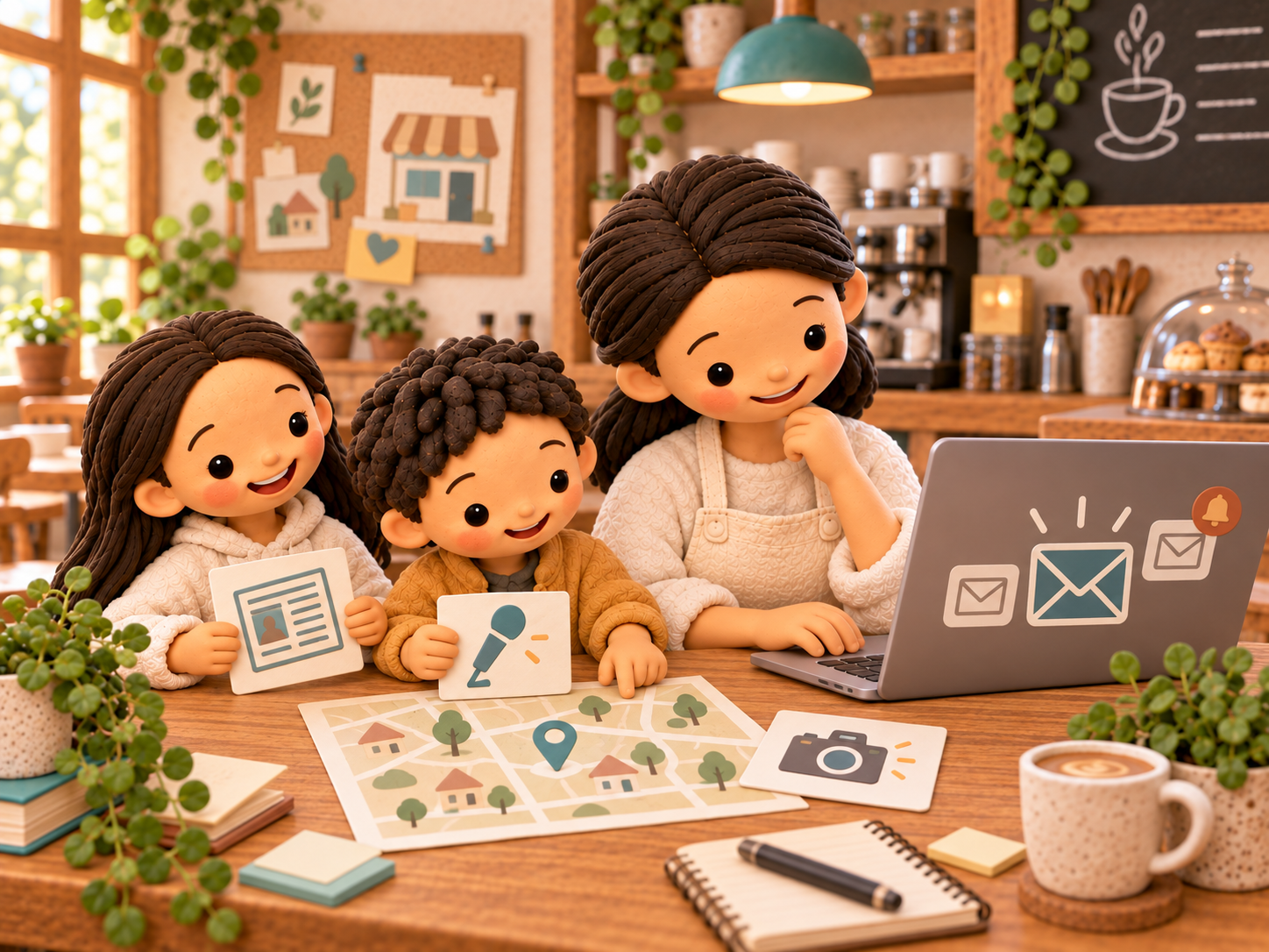 Clay storybook illustration of Mama and two children with a laptop, a neighbourhood map and cards representing local media.