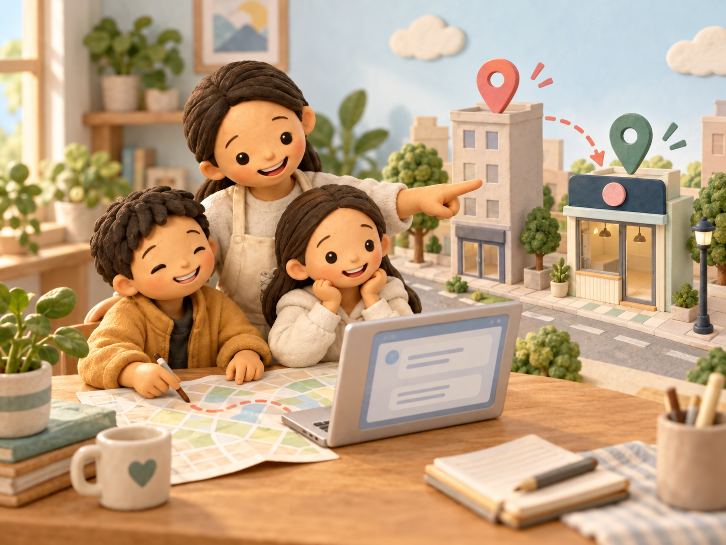 Clay storybook illustration of Mama and her two children researching a kitchen on a laptop and map, with a misplaced pin redirected to the neighbouring shop.