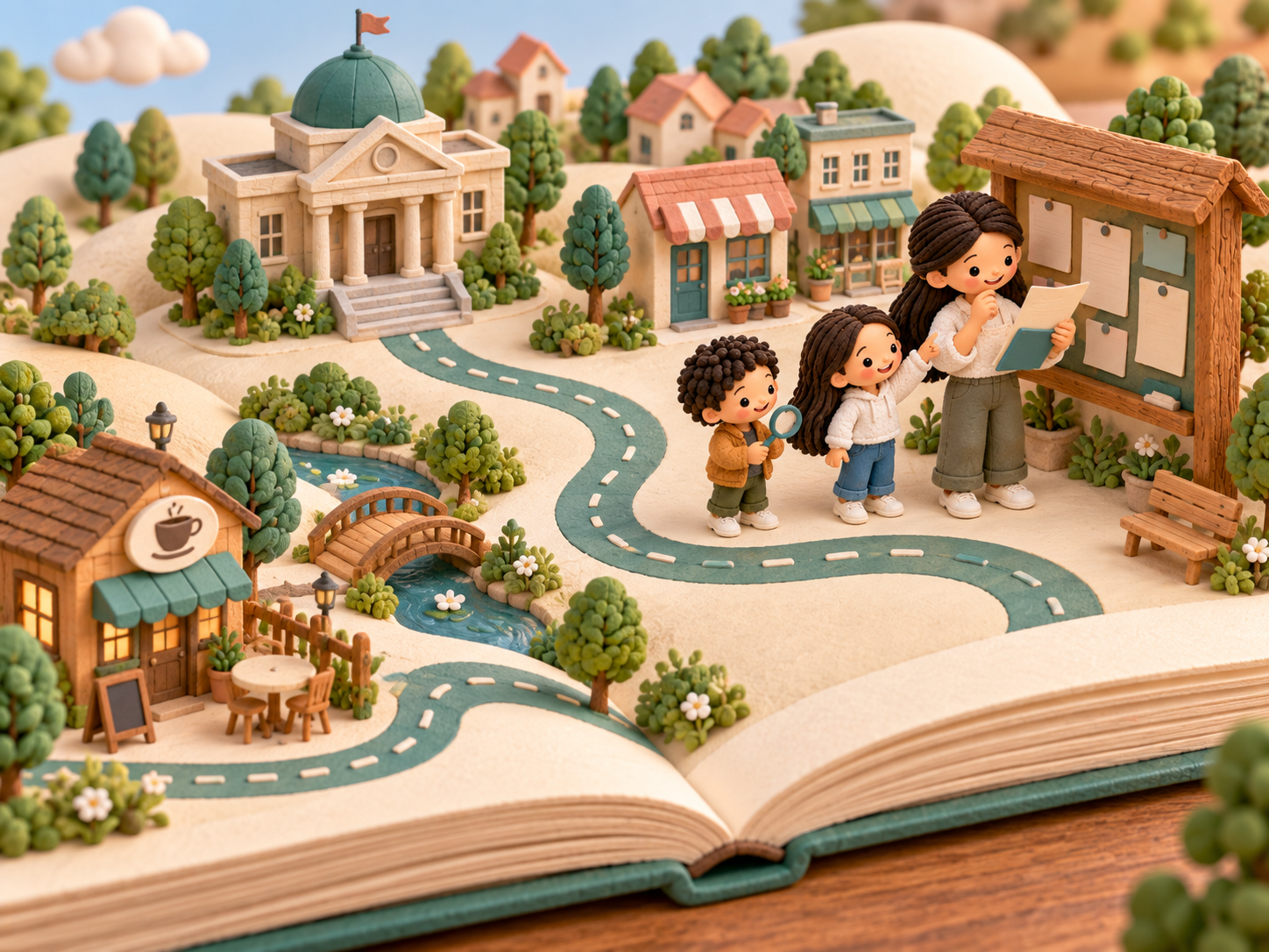 Clay pop-up storybook landscape with a path linking a cafe, civic building and community noticeboard, where Mama and two children explore opportunities and review papers.