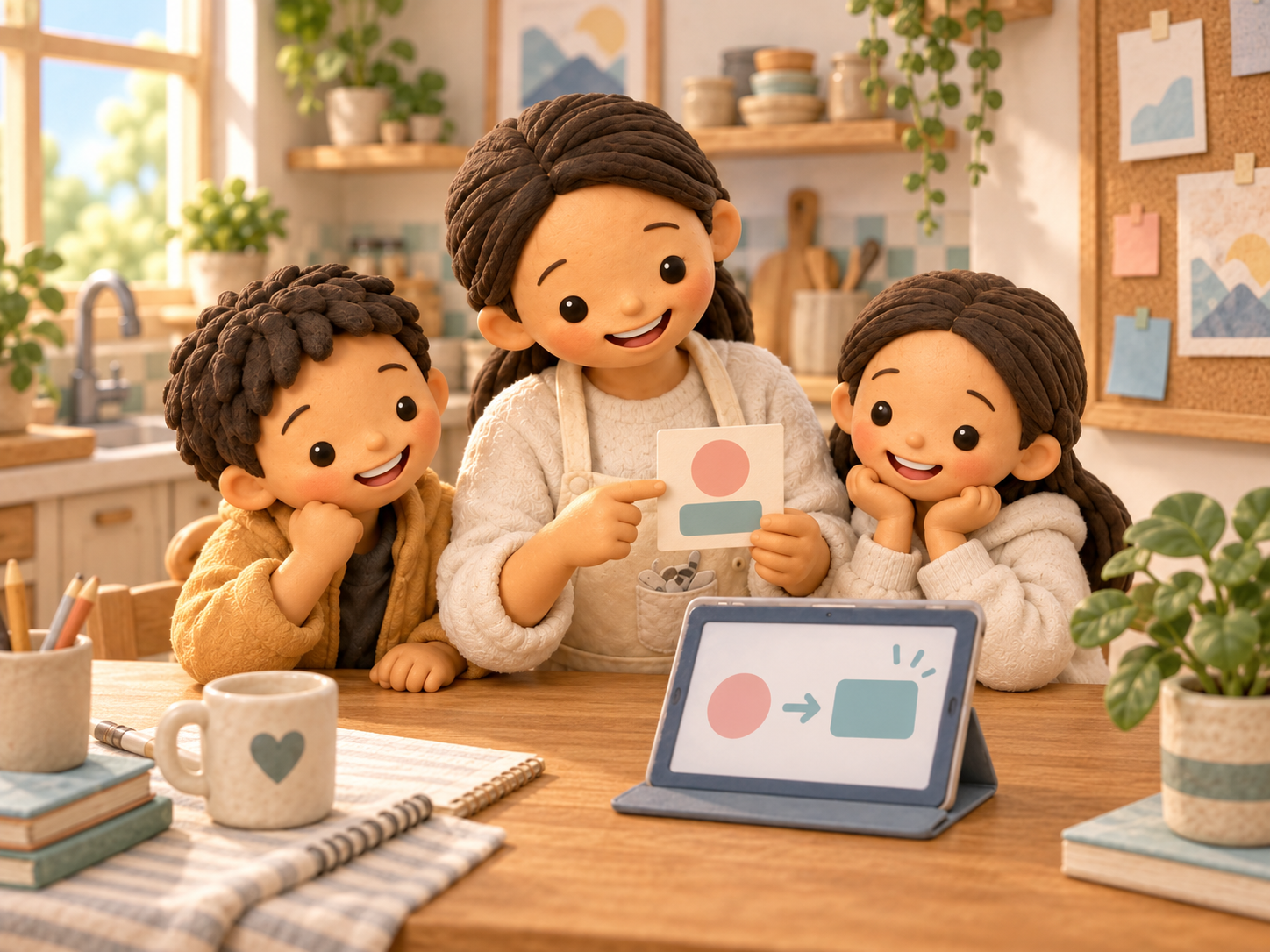 Fictional clay Mama holds an abstract announcement card while her two children look at it beside a tablet in an imagined kitchen.