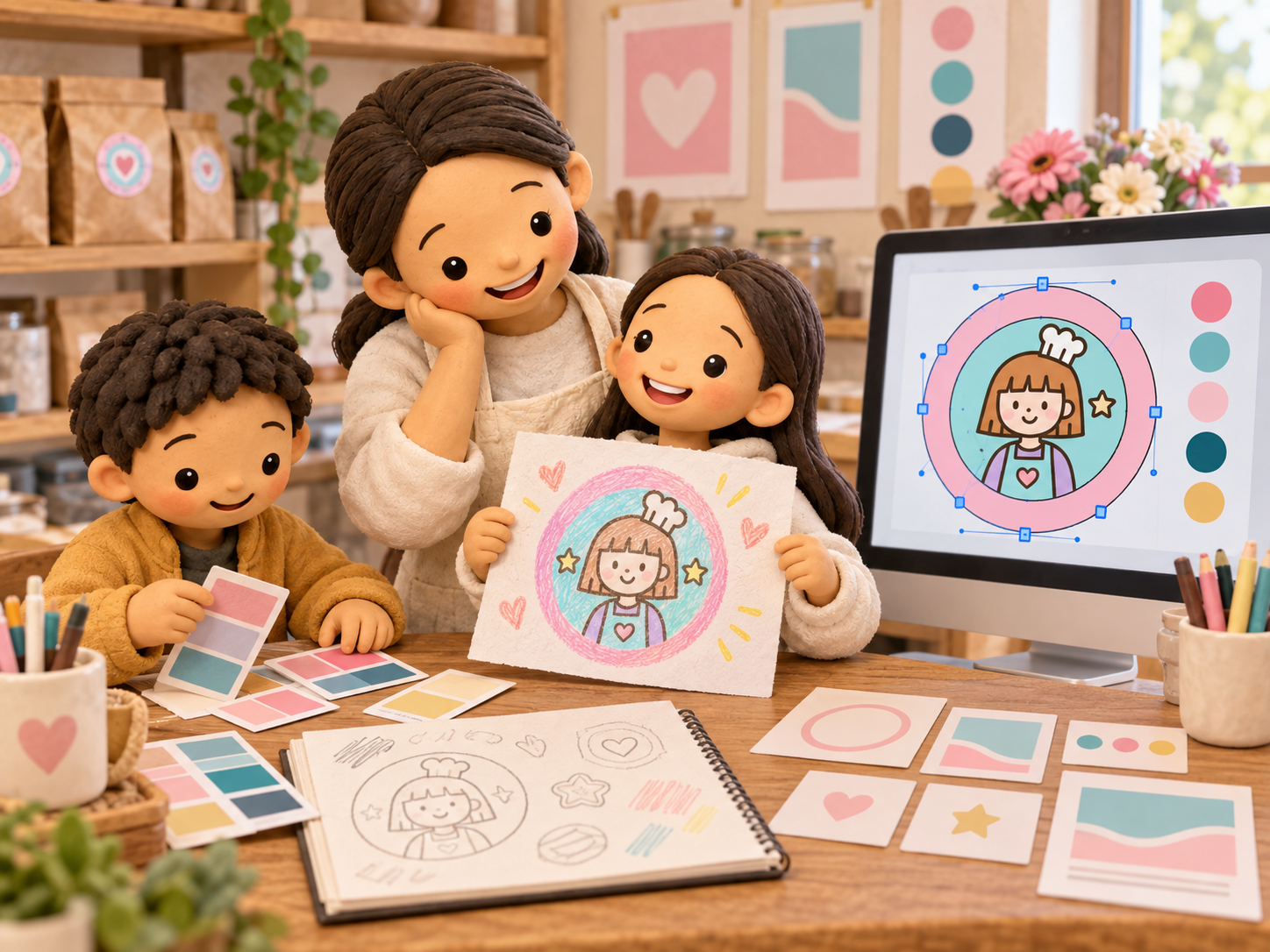 Clay storybook illustration of Chloe showing Mama a logo sketch, with vector artwork on a computer and colour swatches on the table while her brother sits nearby.