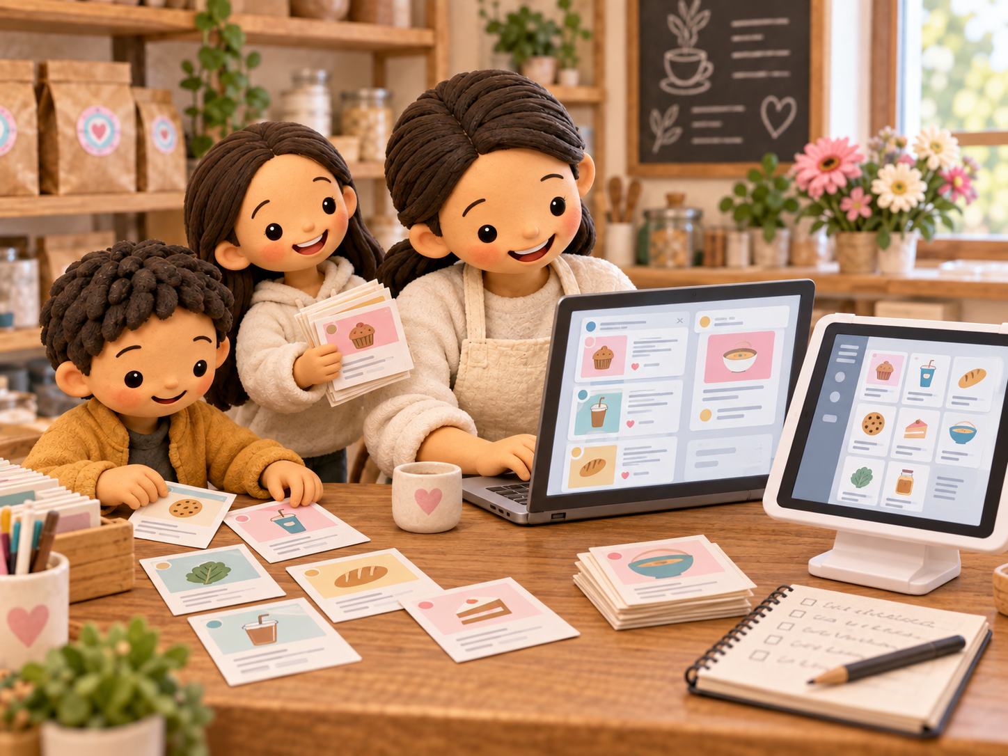 Clay storybook illustration of Mama and her two children with menu-post cards on a laptop and an organised item grid on a countertop POS tablet.