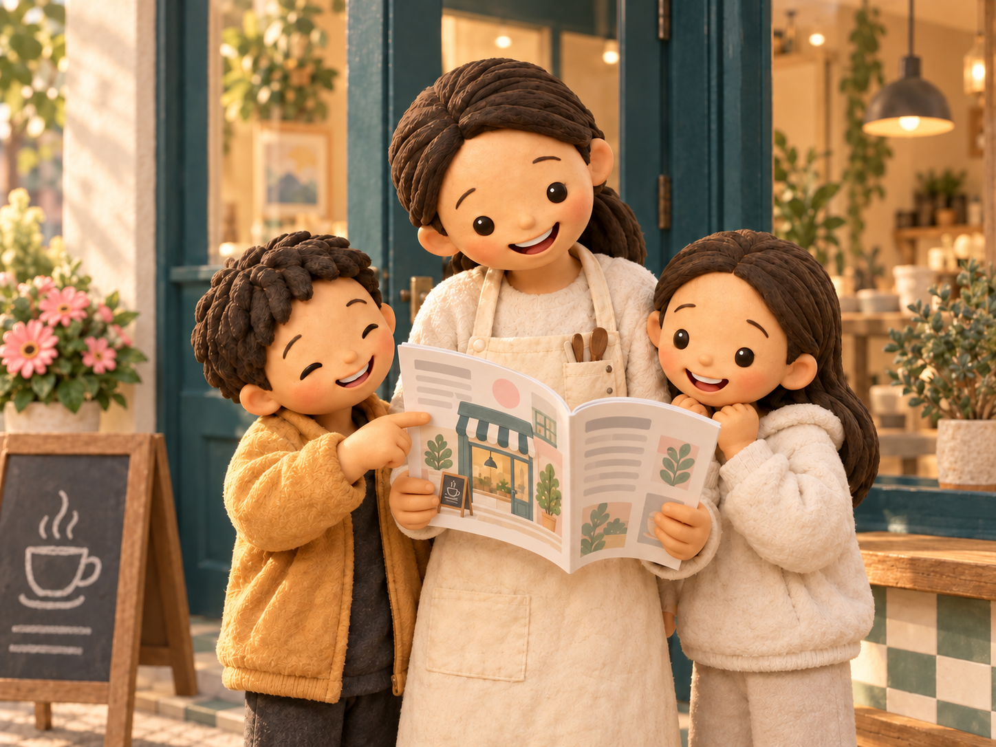 Fictional clay Mama and two children reading an imagined magazine together outside a teal cafe doorway.