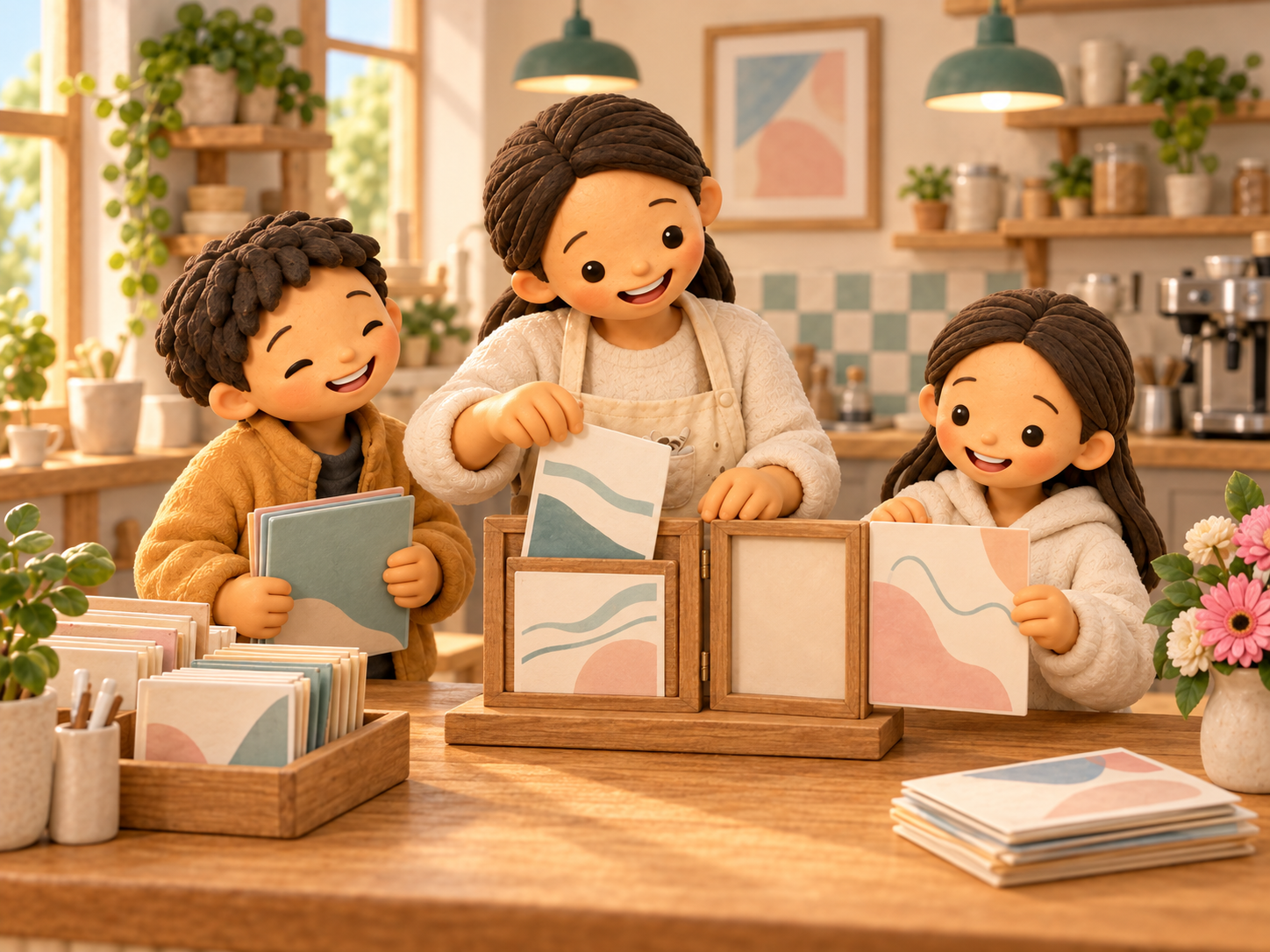 Fictional clay Mama places an abstract card in a wooden display while her son holds a folder and her daughter holds another card.