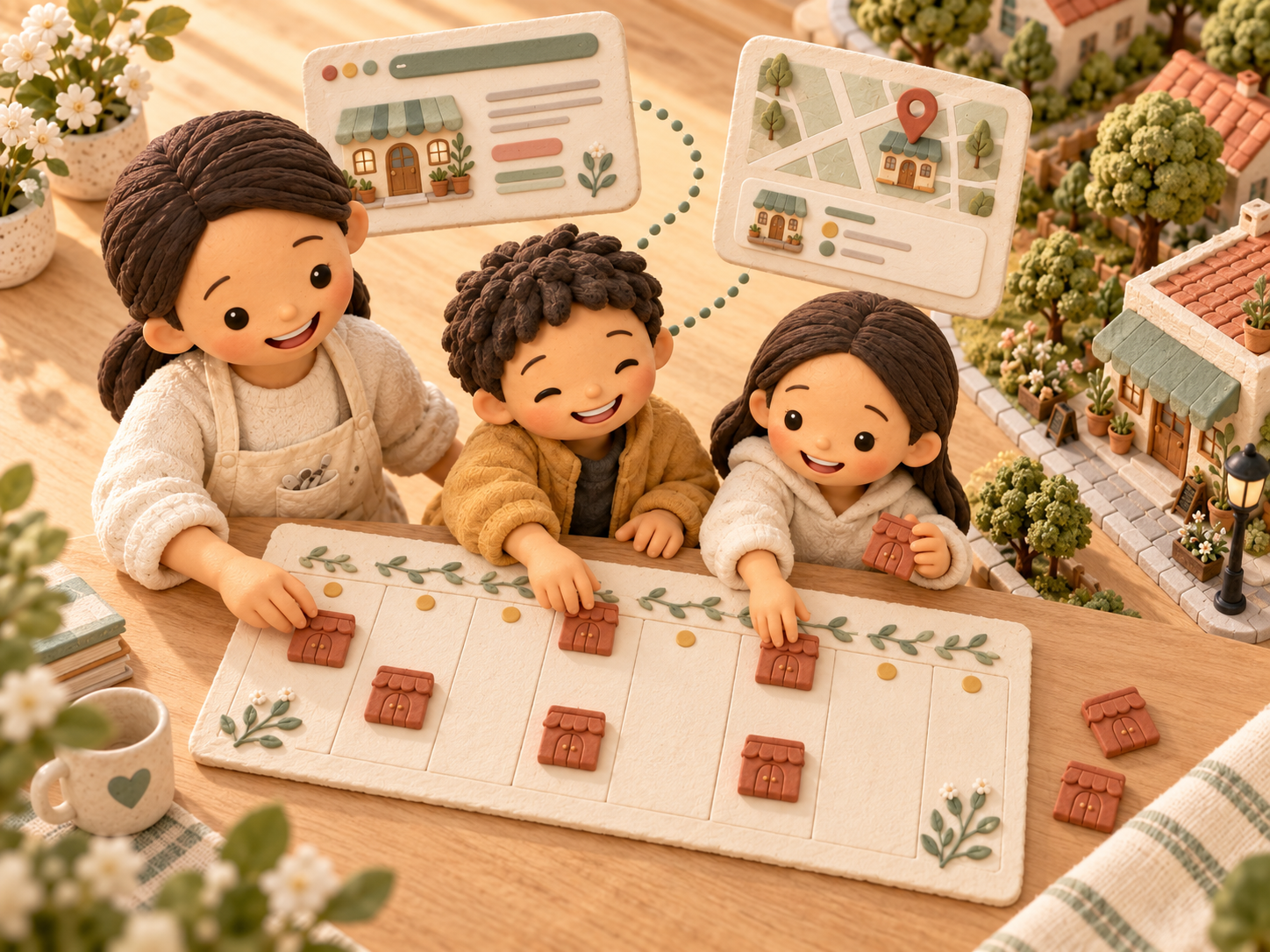 Fictional clay family arranging blank holiday-calendar tiles beside imagined cafe and map cards.