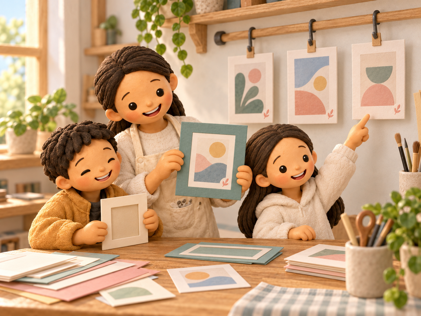 Fictional clay Mama holds a teal picture mat, with her two children and abstract cards carrying small leaf symbols.