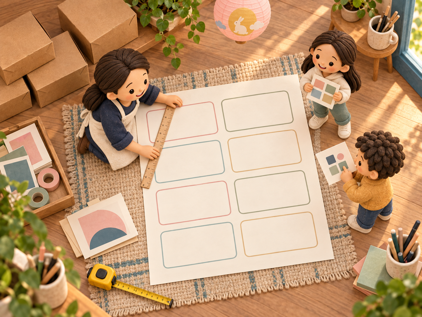 Overhead clay storybook scene of Mama and two children around an oversized eight-label layout with a ruler, colour swatches and plain boxes.