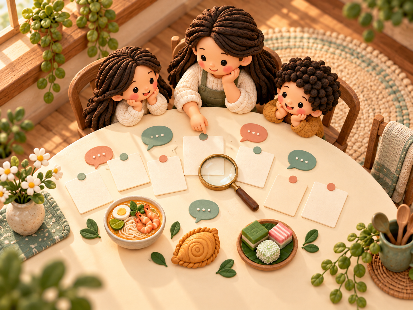 Overhead clay storybook scene with Mama and two children looking over blank feedback cards, speech bubbles and small food illustrations on a round table.