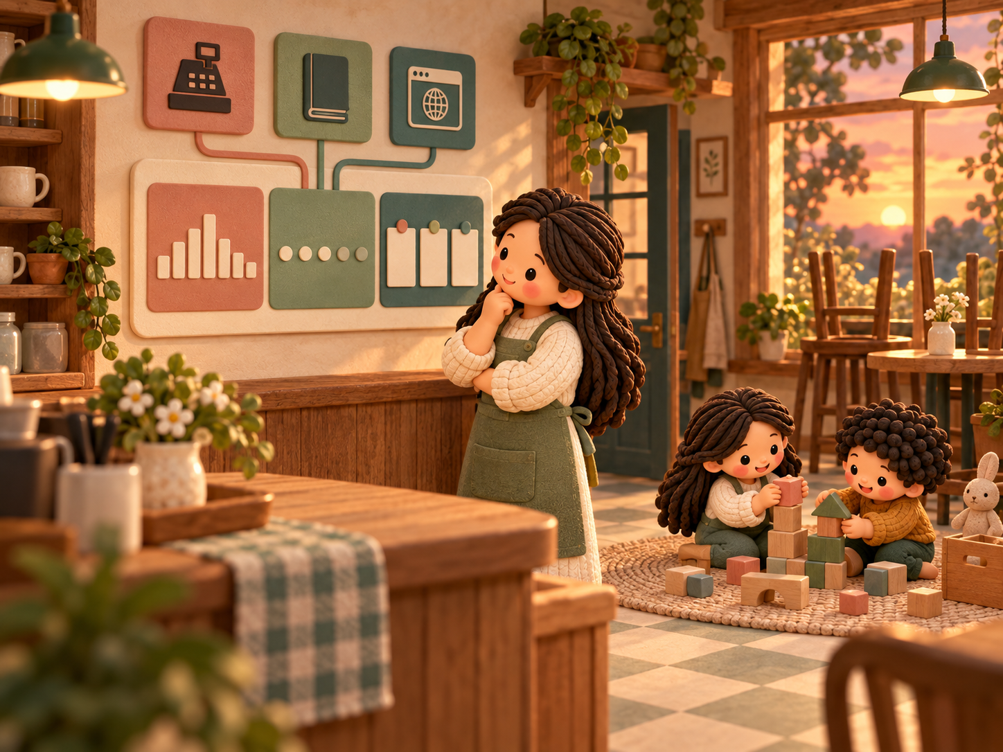 Wide clay storybook cafe scene: Mama considers a fictional wall board of simple shapes, while two children play with wooden blocks by the window.