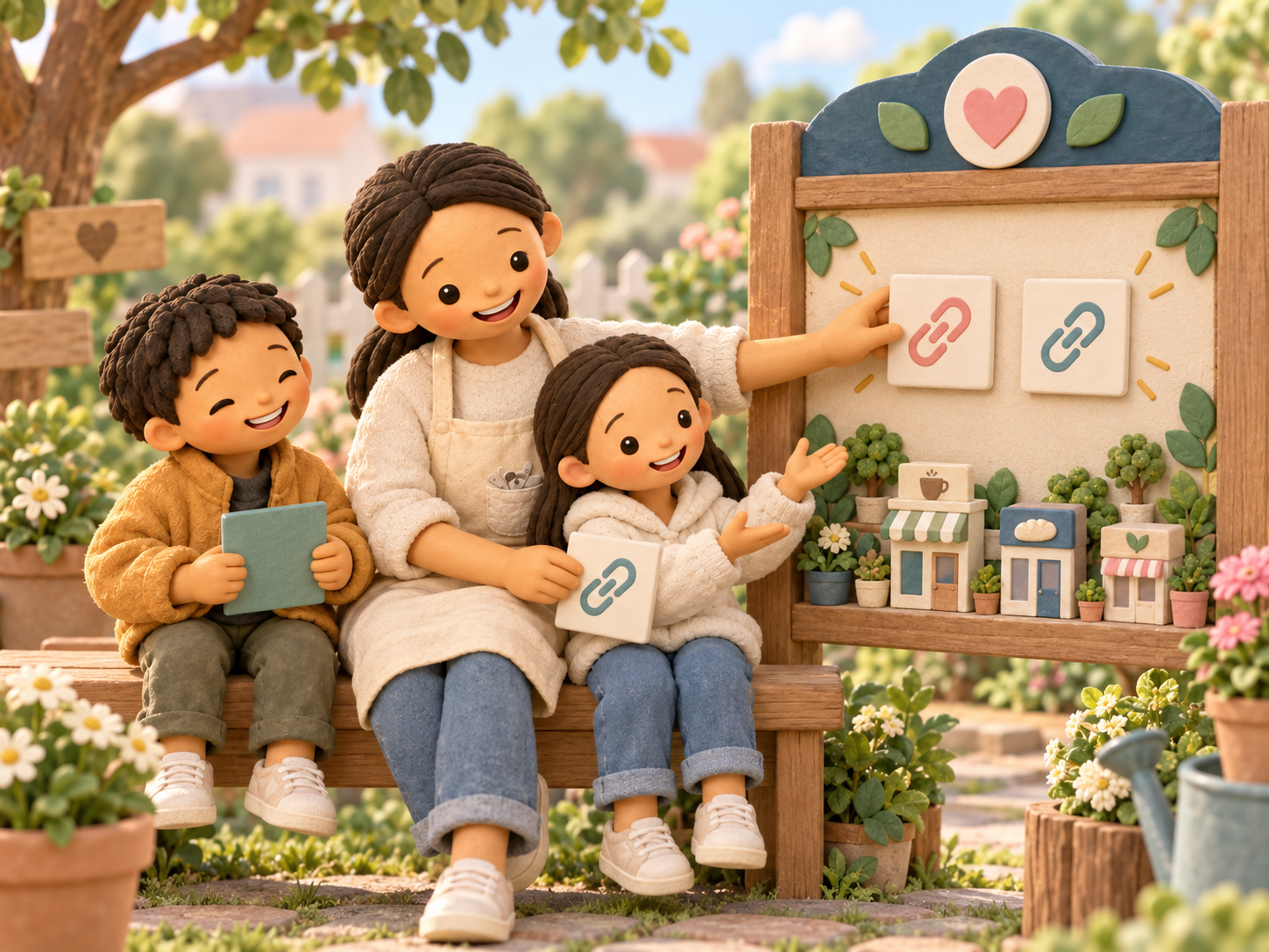 Fictional clay Mama and two children beside a garden noticeboard with link tiles and miniature imagined cafés.