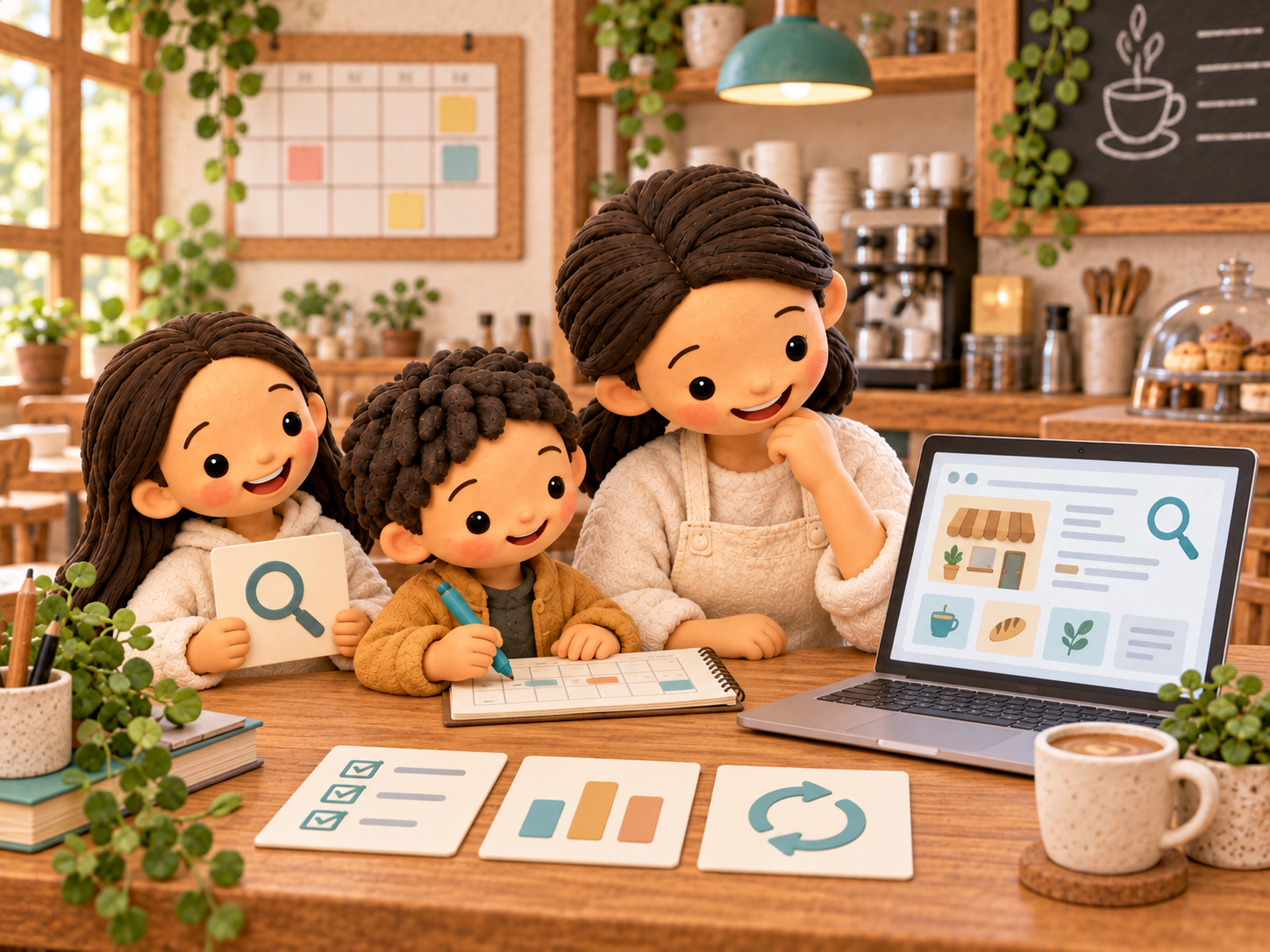 Clay storybook illustration of Mama and two children reviewing a cafe website with a calendar and cards for checks, measurement and revision.