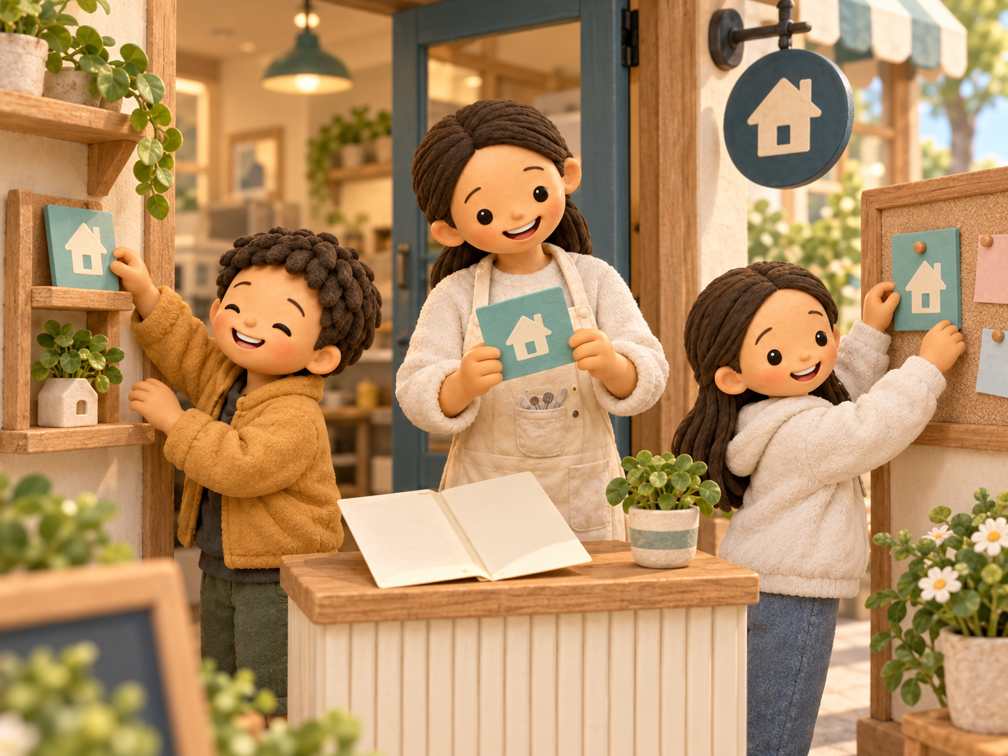 Fictional clay Mama and her two children arrange matching teal location cards beside an imagined shop doorway.