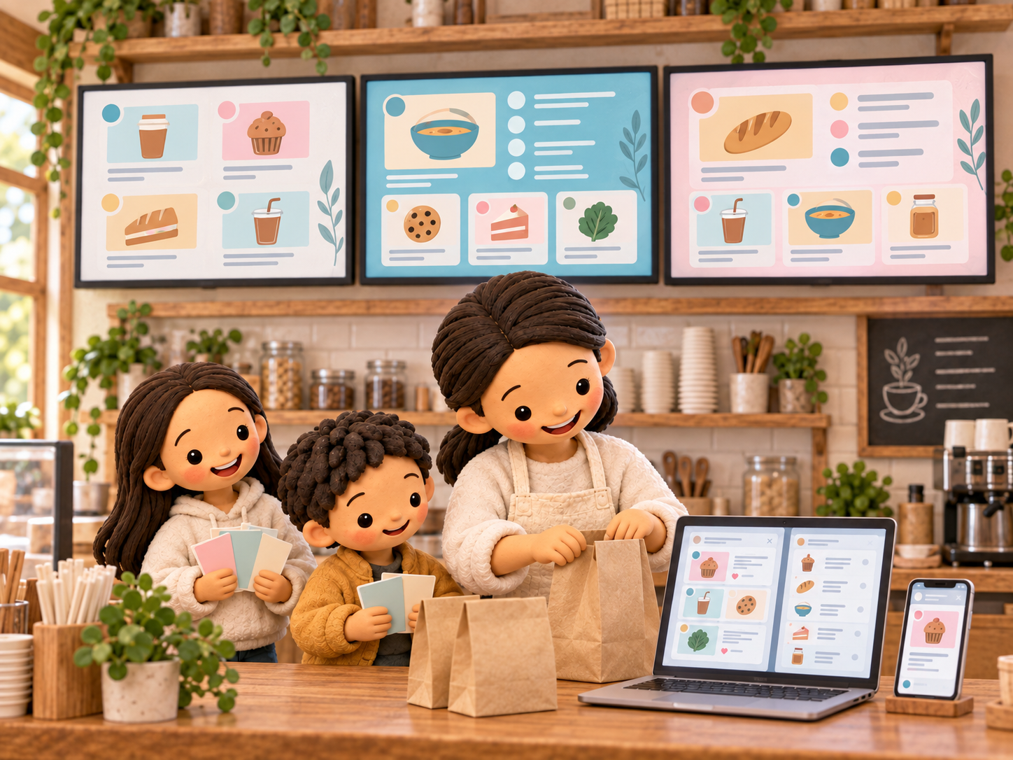Clay storybook illustration of Mama and her two children at the shop counter beneath three menu screens, with a laptop and a phone showing illustrative menu layouts.