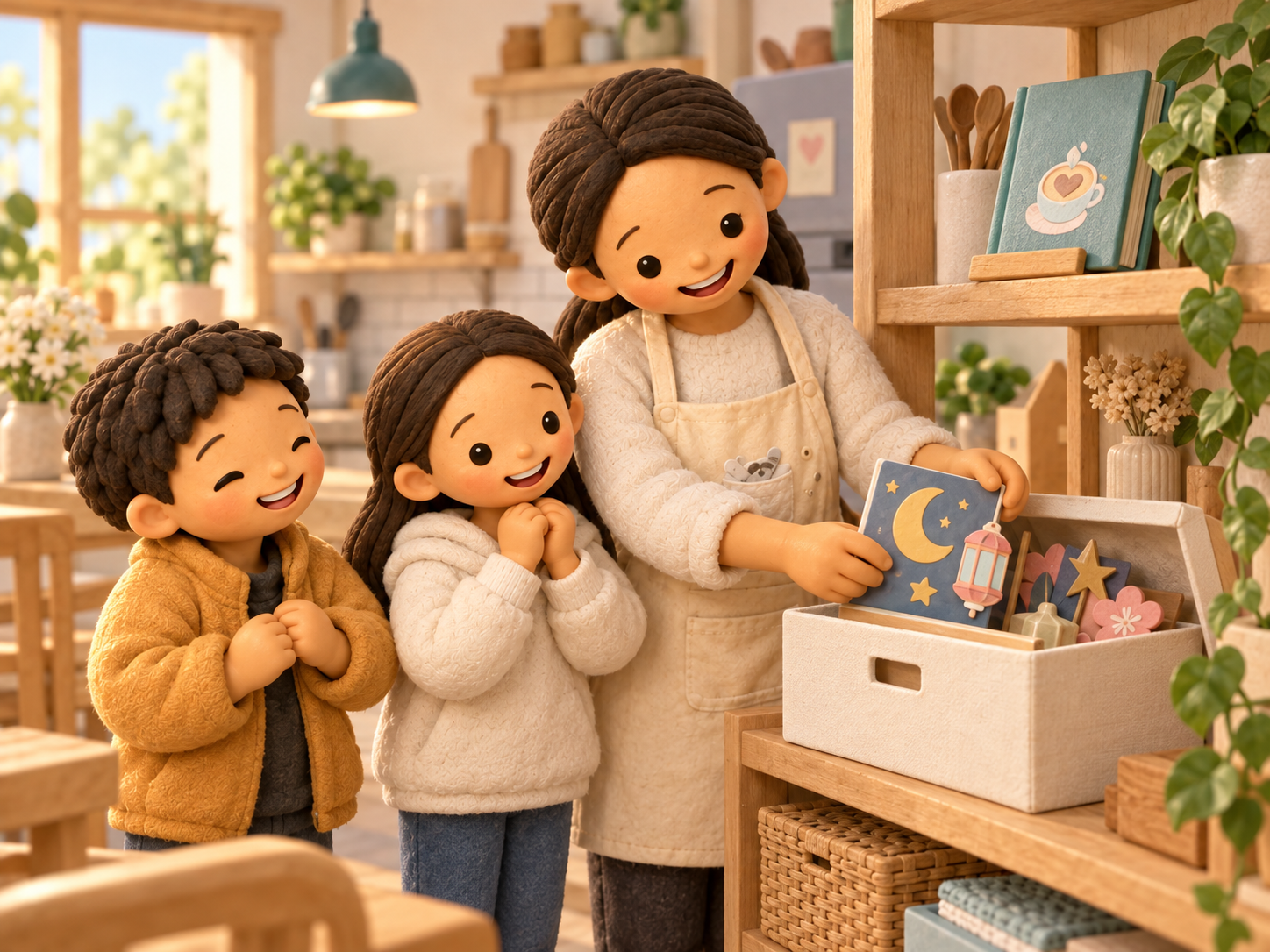 Fictional clay Mama puts a moon-and-lantern display into a storage box, with her two children nearby and a teal book remaining on the shelf.