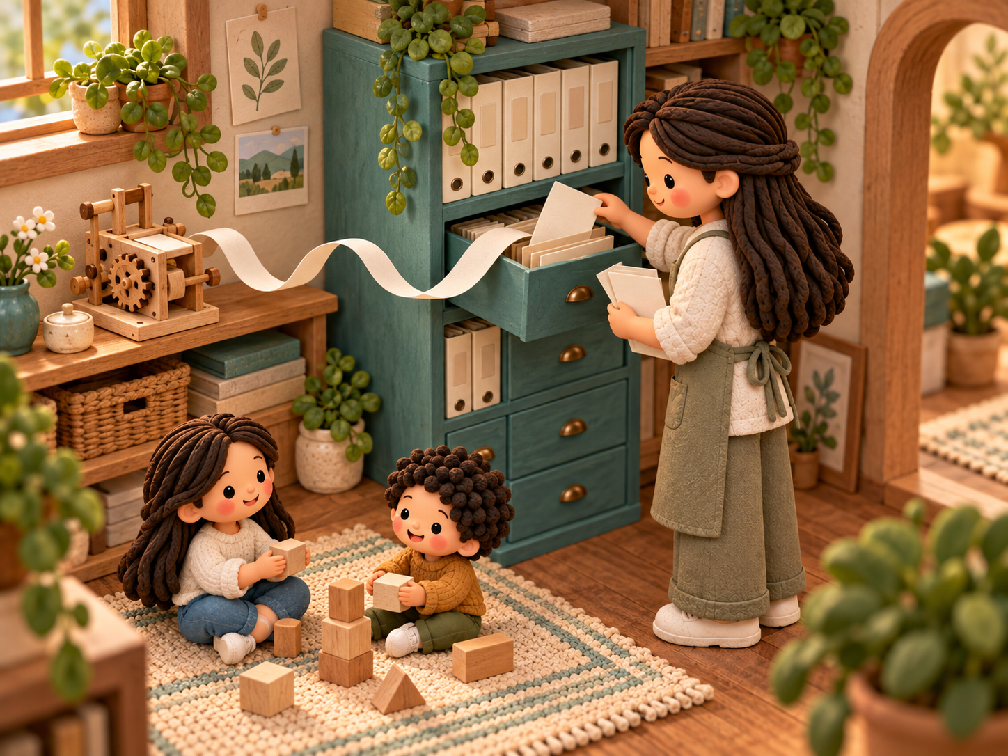 Clay storybook scene with Mama organizing blank papers beside a teal filing cabinet, with two children playing nearby.