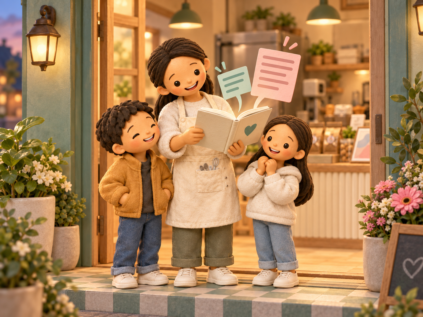 Clay storybook illustration of Mama holding an open book in the kitchen doorway, with two imagined speech cards above it and the two children beside her.