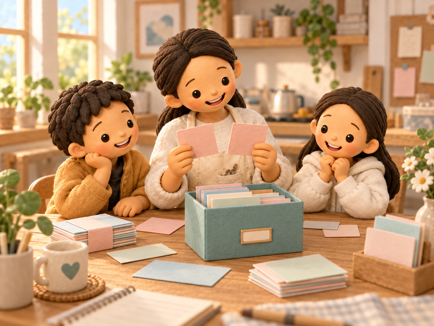 Fictional clay Mama compares two blank pink cards beside an archive box while her two children look on in an imagined kitchen.
