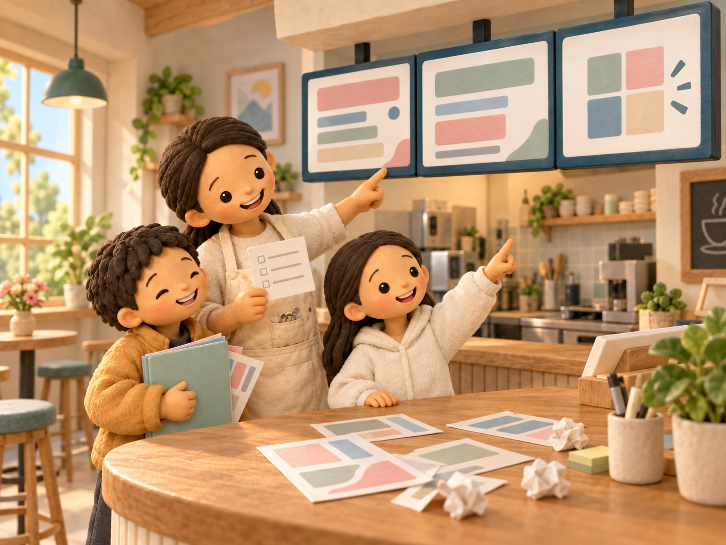 Fictional clay Mama and two children standing beside a cafe counter and three imagined display panels.