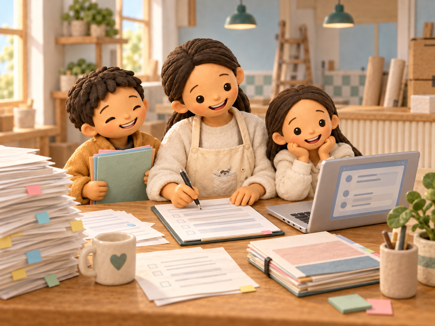 Clay storybook illustration of Mama with a pen and prepared forms beside a laptop, with her two children nearby and a tall stack of paperwork on the table.