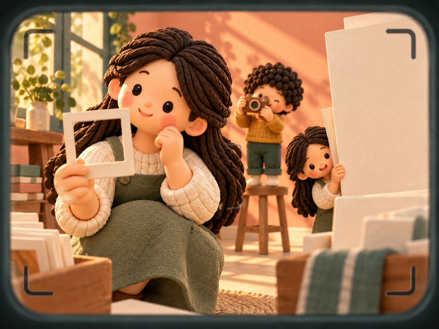 Fictional clay storybook view through a camera: Mama studies an empty photo frame while two children play with a toy camera and blank boards.