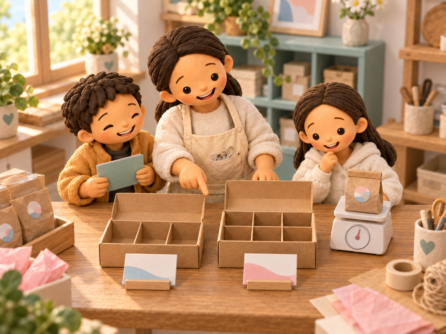 Fictional clay Mama and two children comparing empty three-compartment and six-compartment boxes beside a cookie bag and scale.
