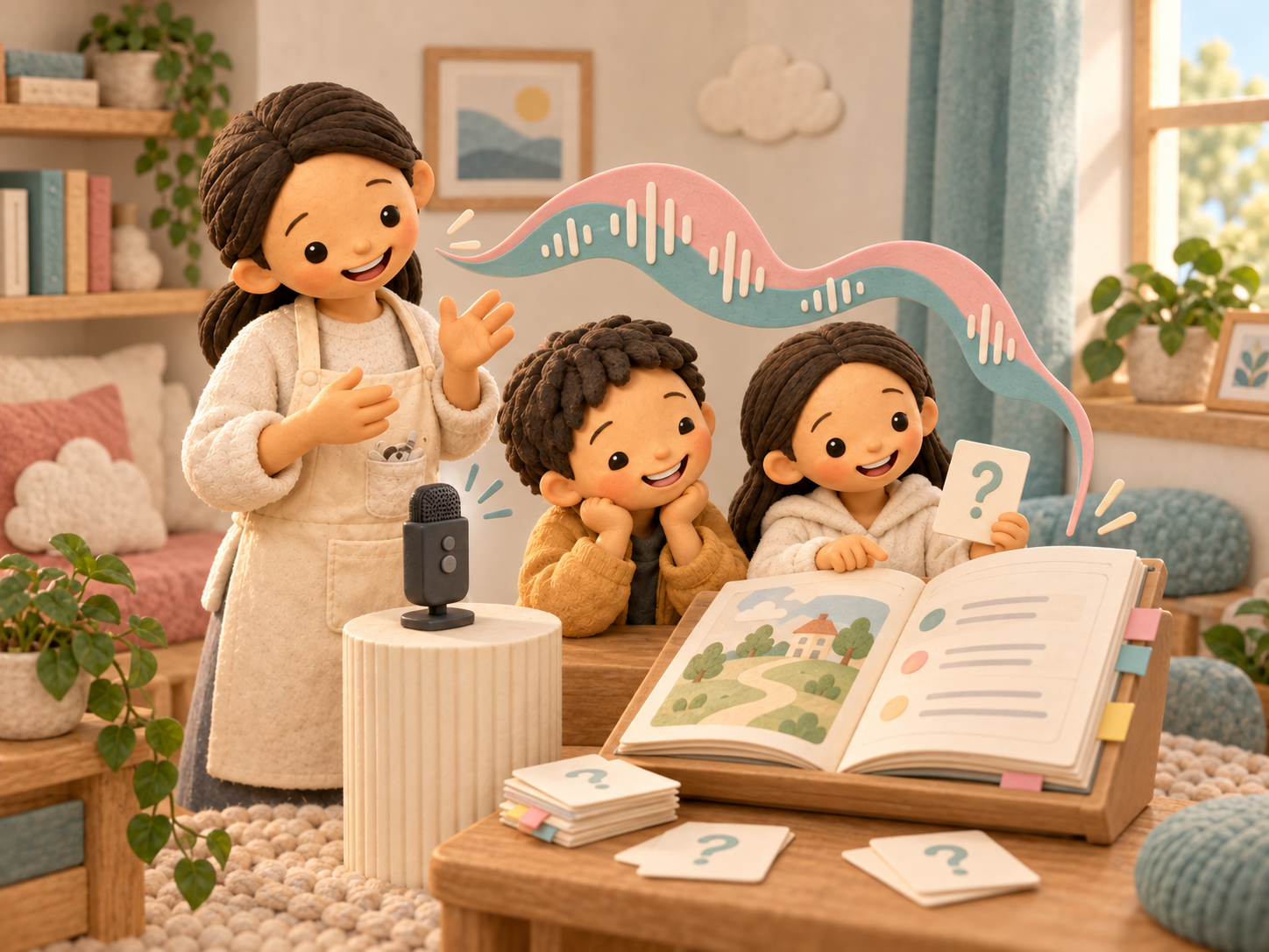 Fictional clay Mama speaking beside an imagined recorder, with two children, question cards and an open storybook.