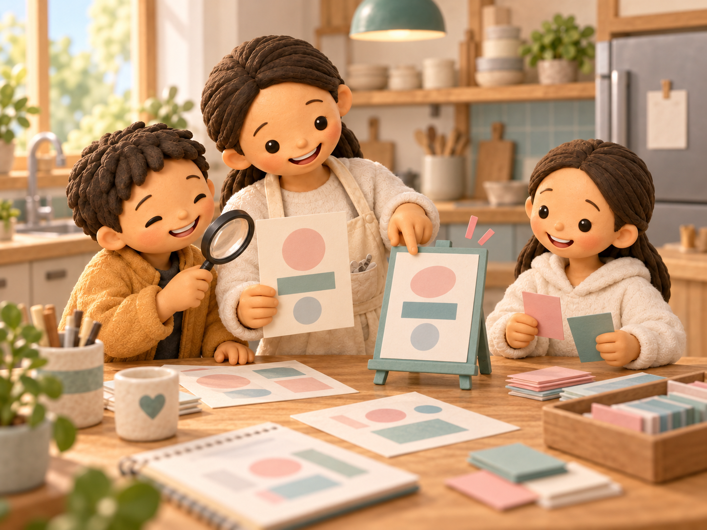 Fictional clay Mama and her two children compare abstract paper designs with a magnifying glass in an imagined kitchen.