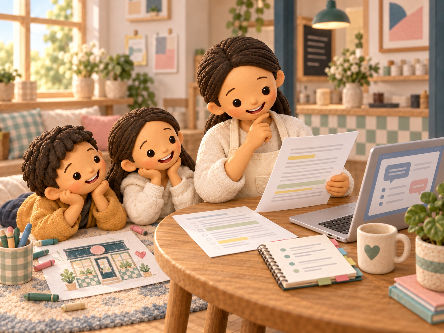 Clay storybook illustration of Mama reading highlighted contract passages beside a laptop, with her two children nearby and their drawing of a little shop on the rug.
