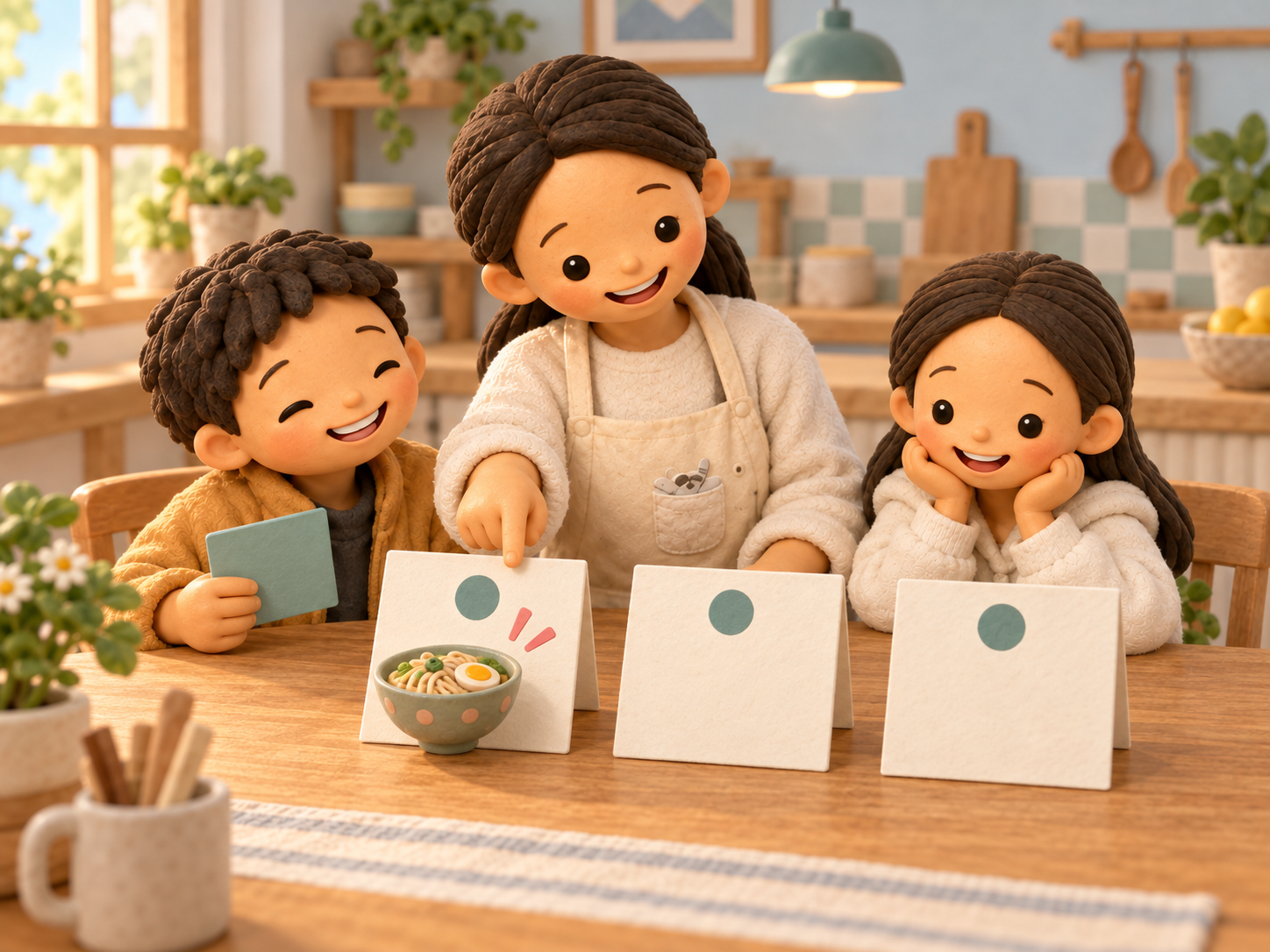 Fictional clay Mama and her two children examine three blank calendar cards, with a symbolic noodle bowl beside the first card only.