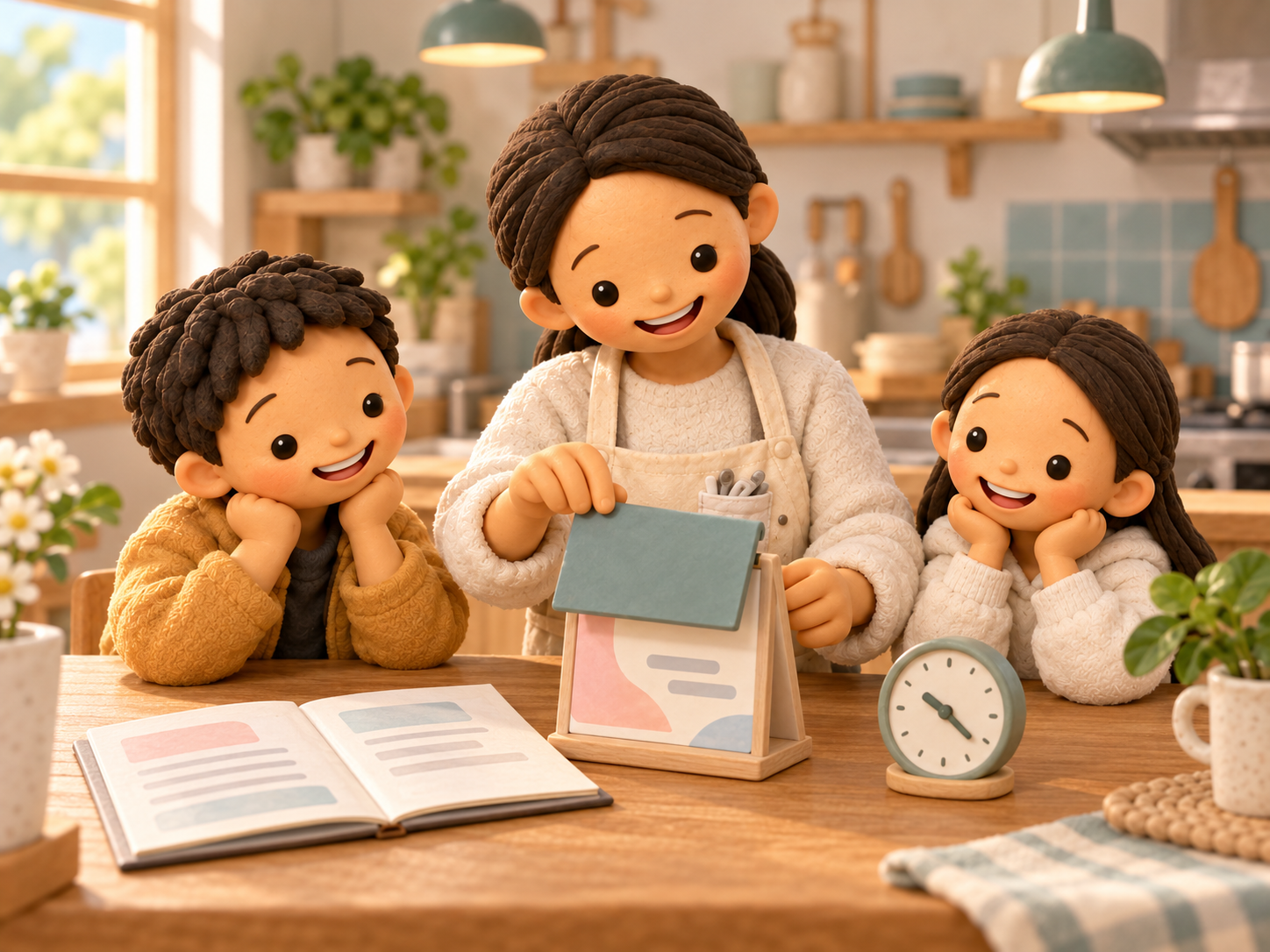 Fictional clay Mama lowers a teal cover over a small notice stand while her two children watch beside a clock and an open menu booklet.