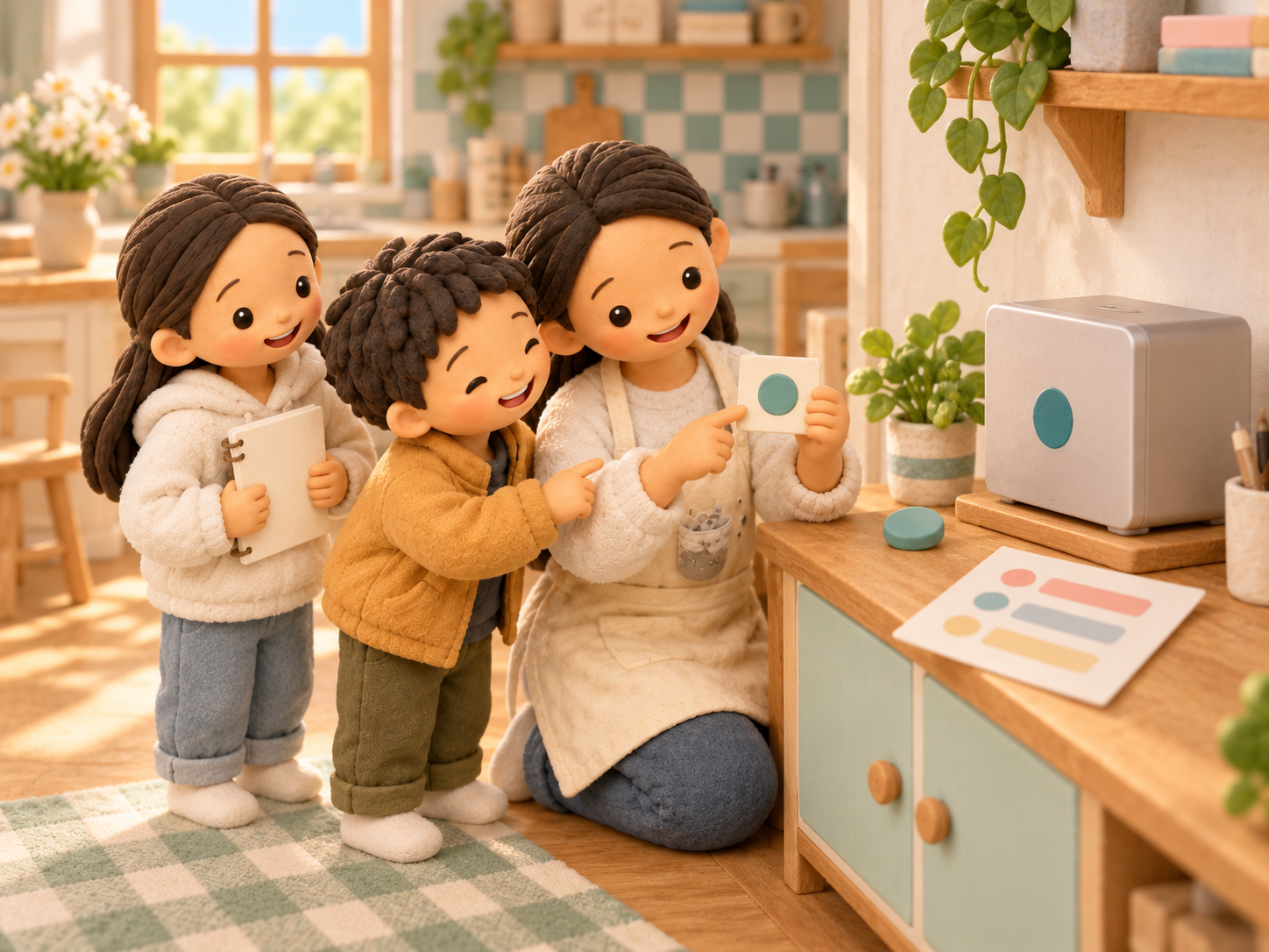 Fictional clay Mama compares a card with a matching symbol beside a small computer, watched by her two children in an imagined kitchen.
