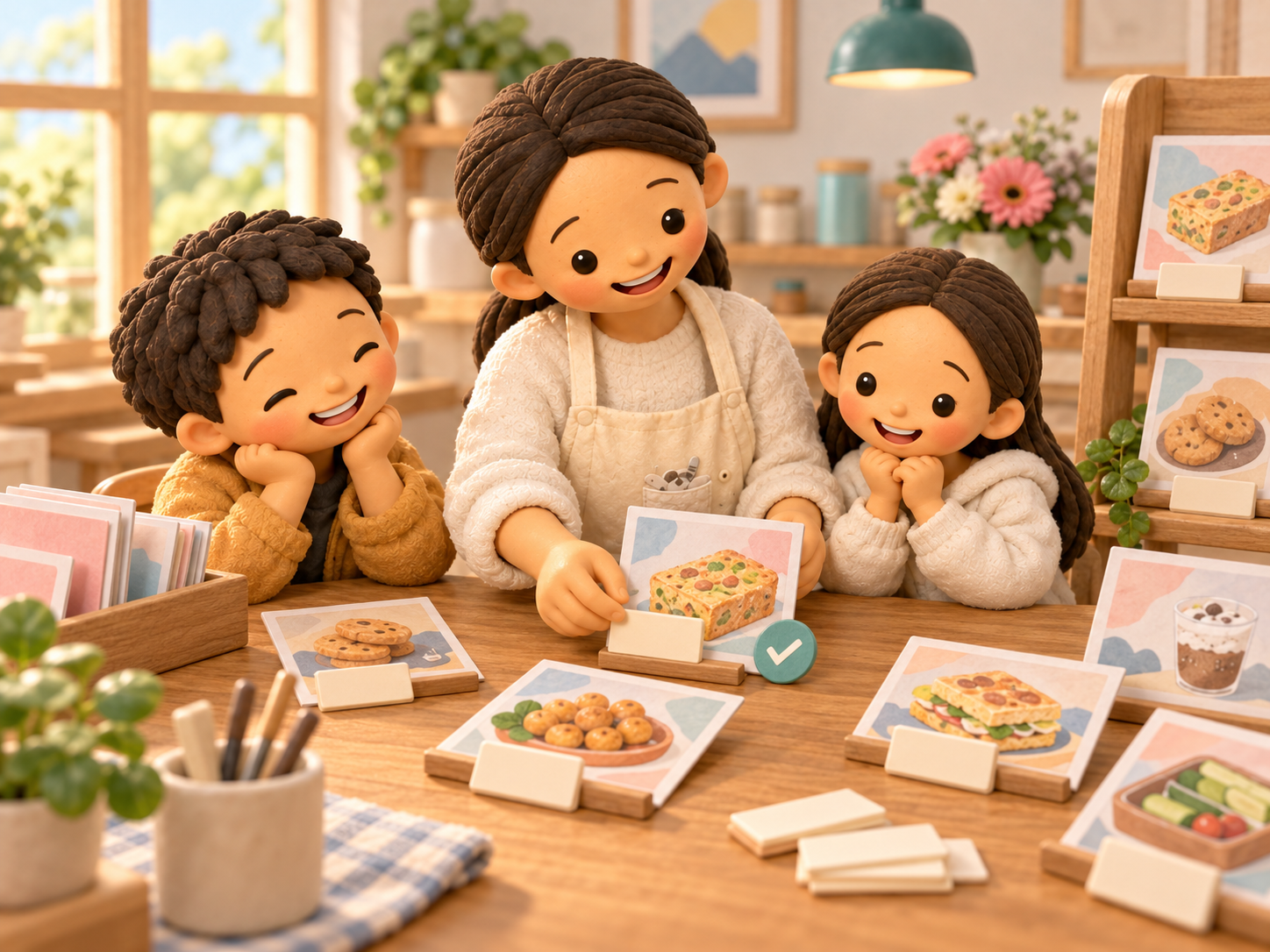 Fictional clay Mama places a blank label beside an imagined food picture while her son and daughter watch.
