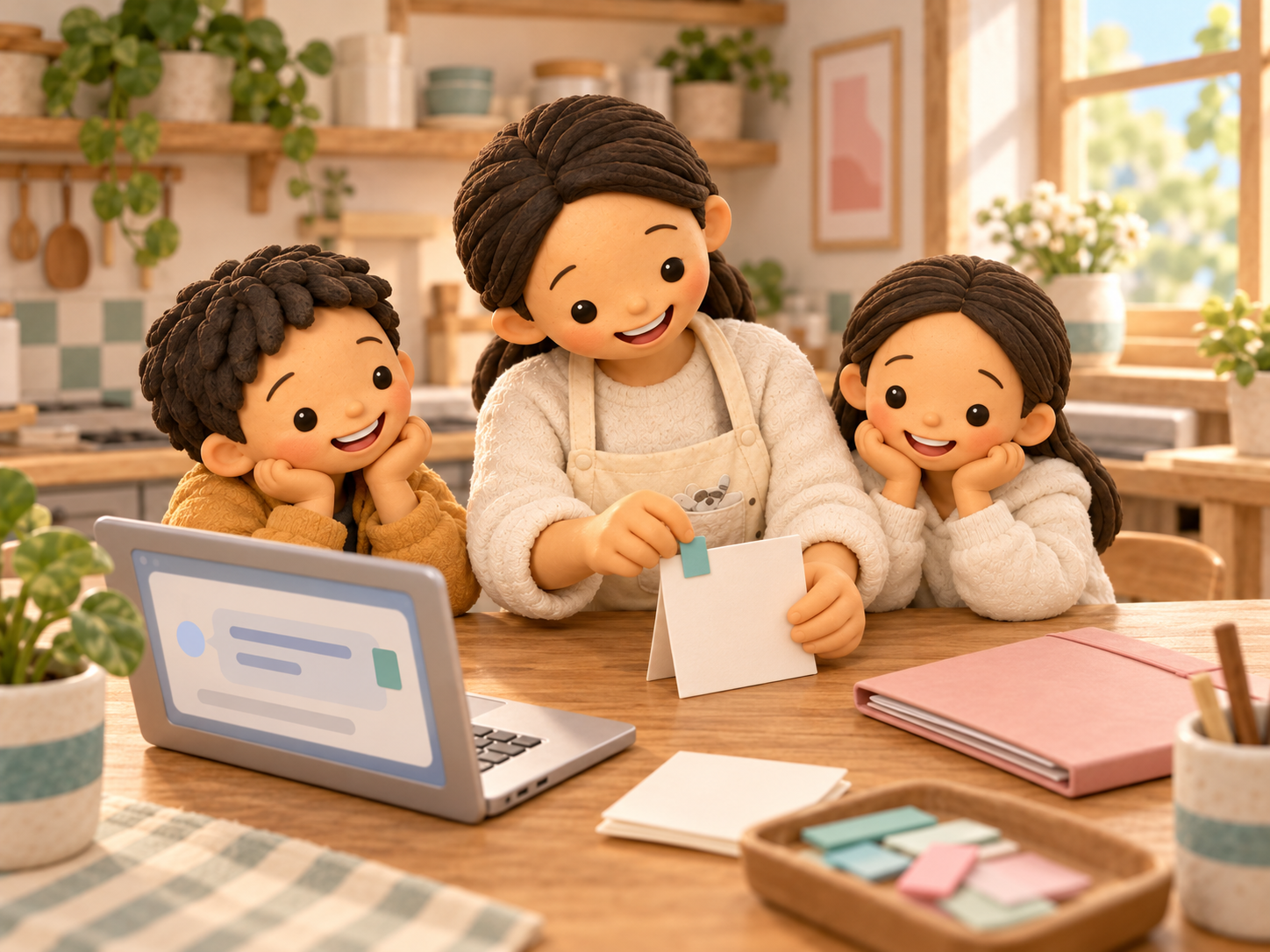Fictional clay Mama adds a teal marker to a blank note beside a laptop while her son and daughter watch.