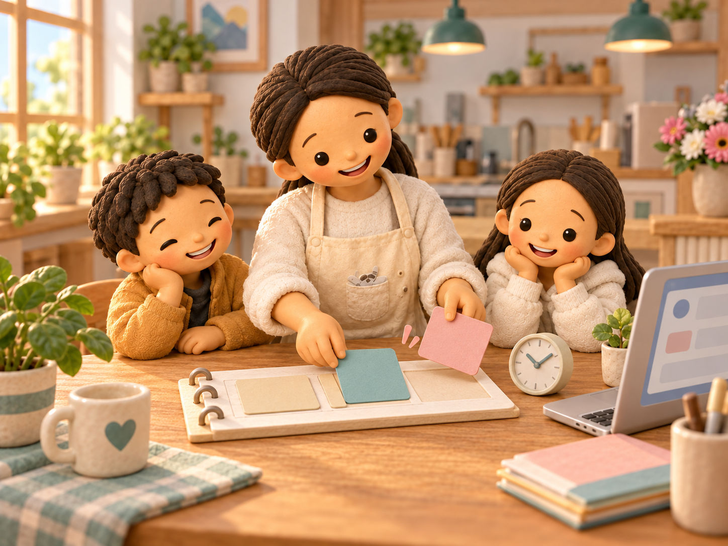 Fictional clay Mama replaces a pink planning card with a teal one beside a clock and laptop while her two children watch.