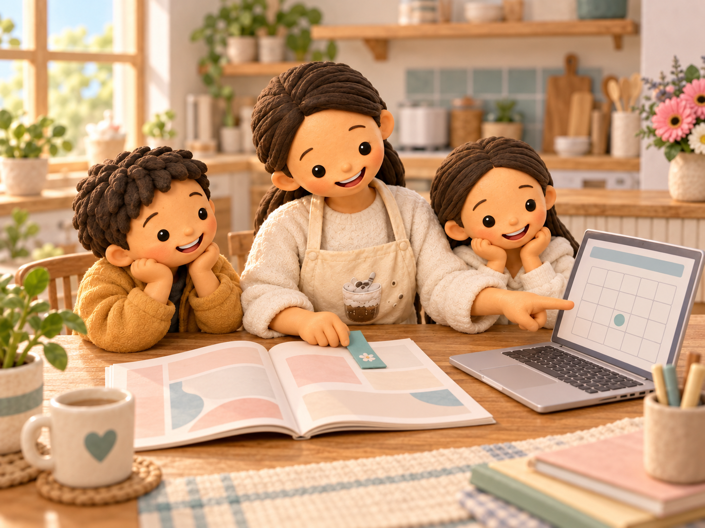 Fictional clay Mama points at a simple calendar beside an abstract magazine while her two children watch.