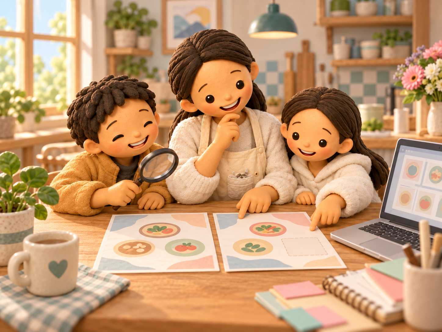 Fictional clay Mama and her two children compare abstract design sheets beside an imagined computer.