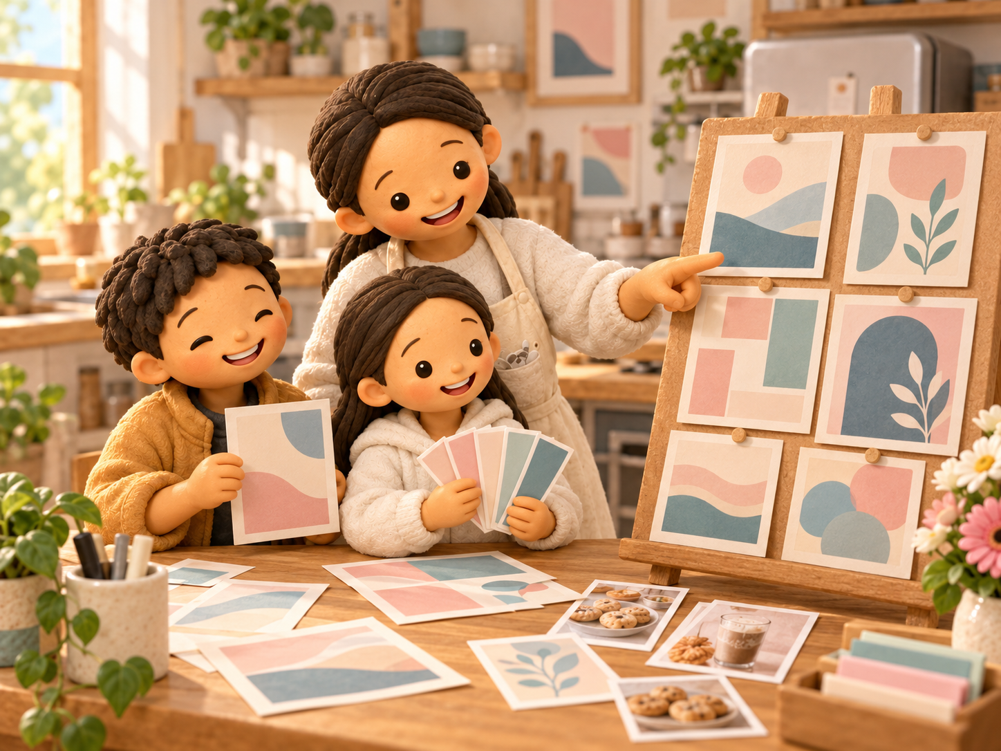 Fictional clay Mama compares pastel poster cards and an imagined photo card beside her two children.