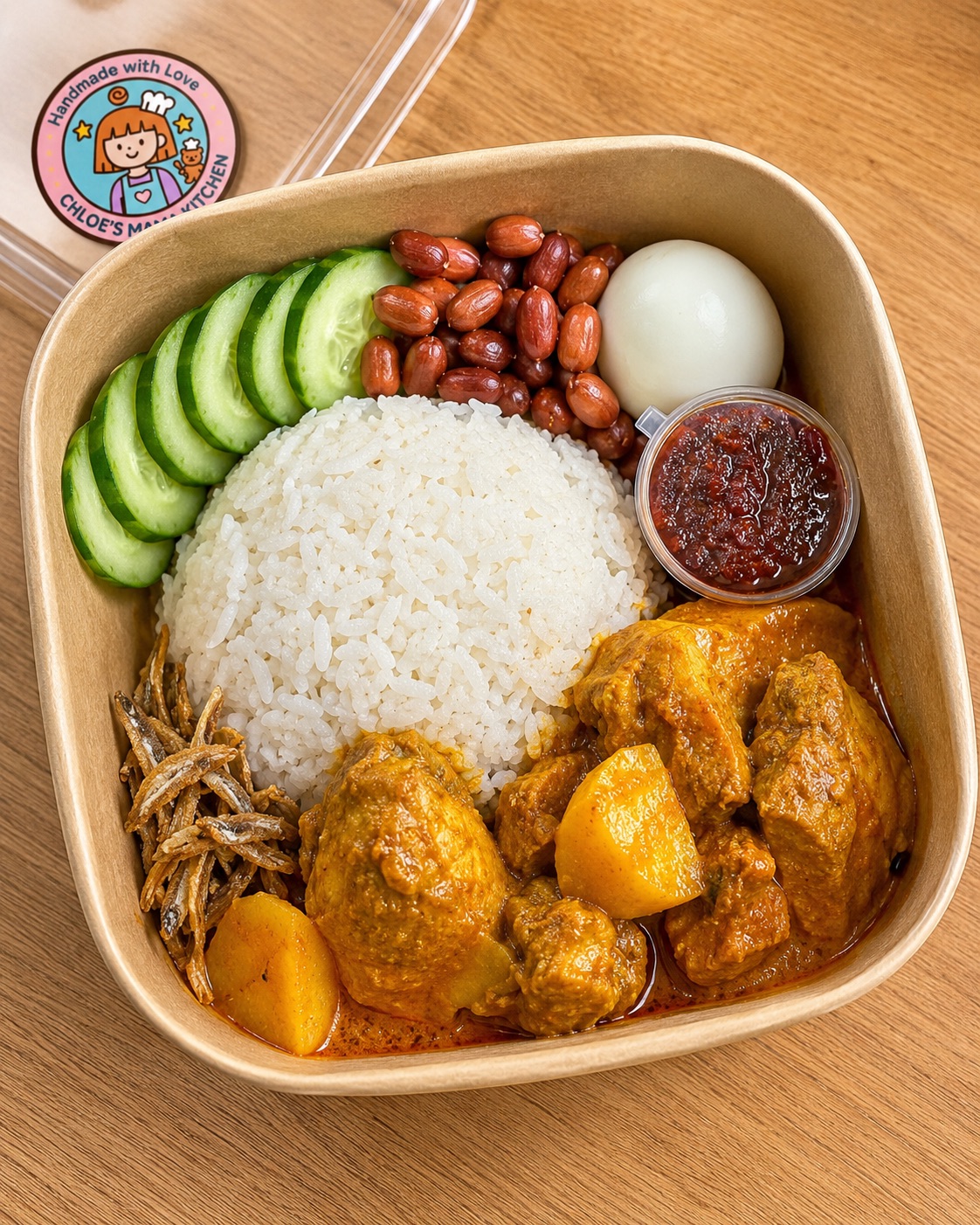 Chloe's Mama Kitchen nasi lemak with curry chicken, rice, egg, cucumber, peanuts, anchovies and sambal in a takeaway box.