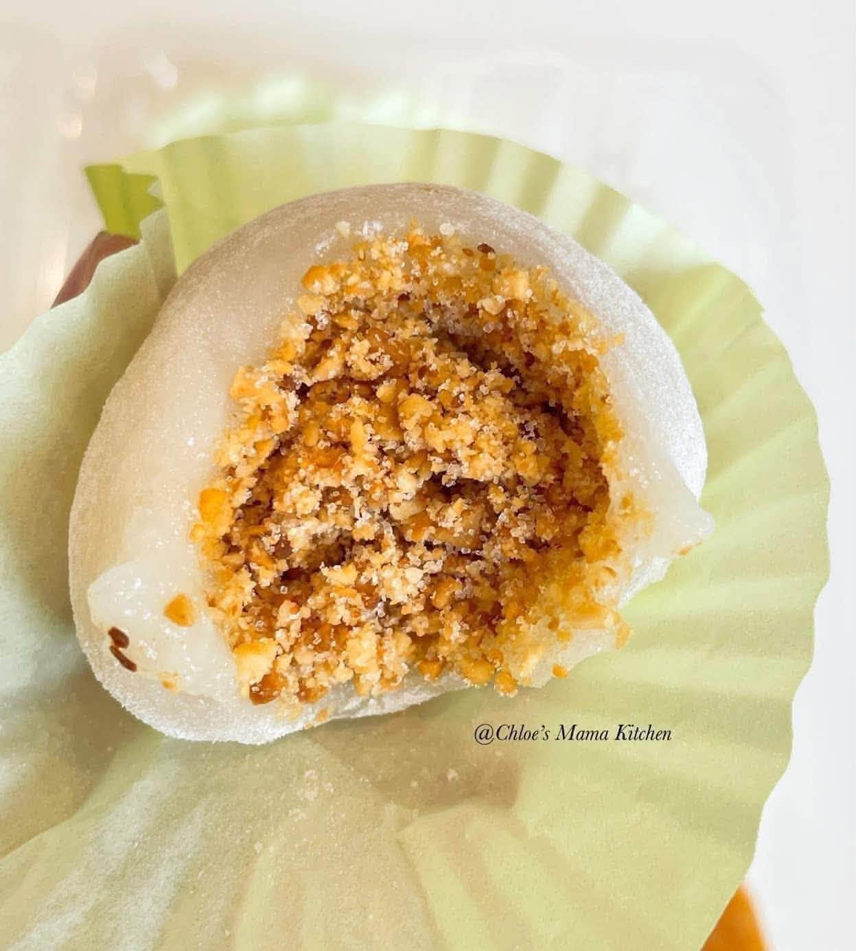 Chloe's Mama Kitchen peanut mochi opened to show the peanut filling.