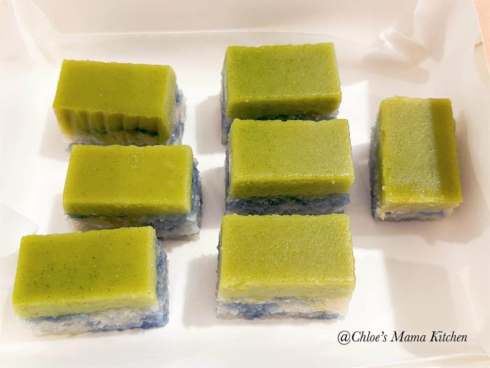 Chloe's Mama Kitchen Seri Muka with green pandan custard over glutinous rice.