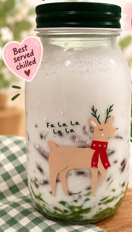 Homemade chendol in a bottle with a dark green lid.
